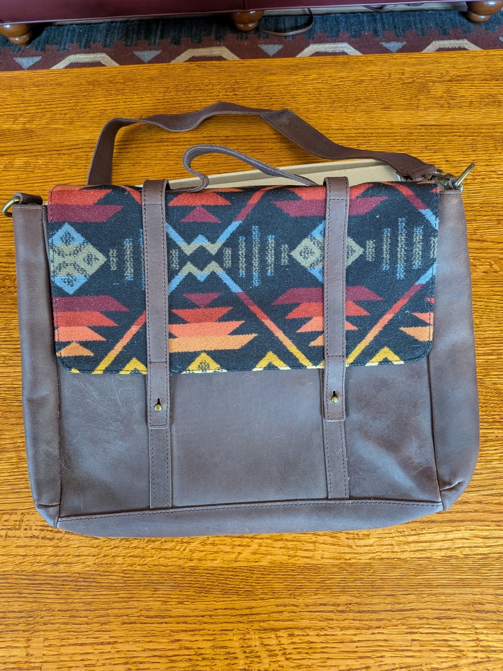 Pendleton Brown Leather Messenger Bag with Multicolor Aztec Flap